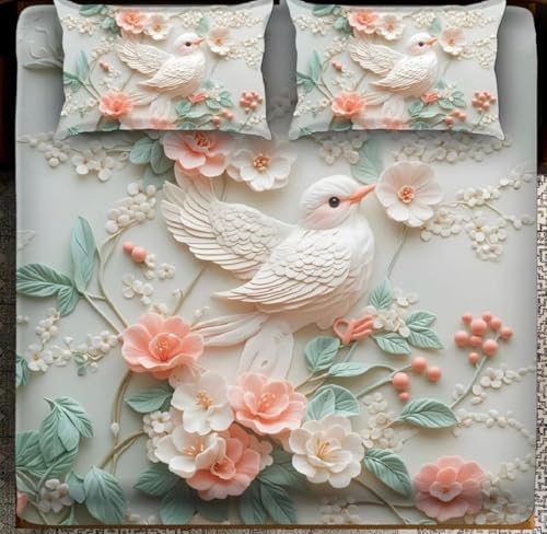 Image of Digital Printed Heavy Quality Glace Cotton 7D Bedsheet for Double Bed, 90 inch x 100 inch Flat Bedsheet with 2 Matching Pillow Covers, 300 TC (Bird)