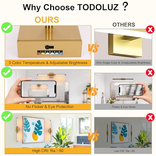 Image of TODOLUZ 36-Inch 5CCT 20W LED Bathroom Vanity Light Fixture, Brushed Brass 2700K-5500K Wall Sconce Lighting with Rotatable Lamp Tube