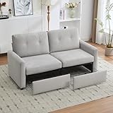 Gxffipw Sofa 2 Sitzer mit Krepp-Struktur und 2 Schubladen Stauraum, 2 Sitzer Sofa Schlafsofa mit Knopfdesign und Handlauf, Sofas Wohnzimmer Couch, Schublade mit Rolle, Hellgrau, Kreis Fleece