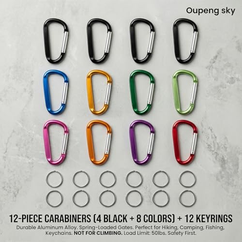 Image of 12PCS Carabiner Keychain Clip - 3 inch Aluminum Caribeener Key Clip,D Ring Shape Nonlocking Carabeaner Hook Buckle,Multi-Function Spring Snap Key Clips Tool for Home,Camping,Hiking,Traveling,Backpack