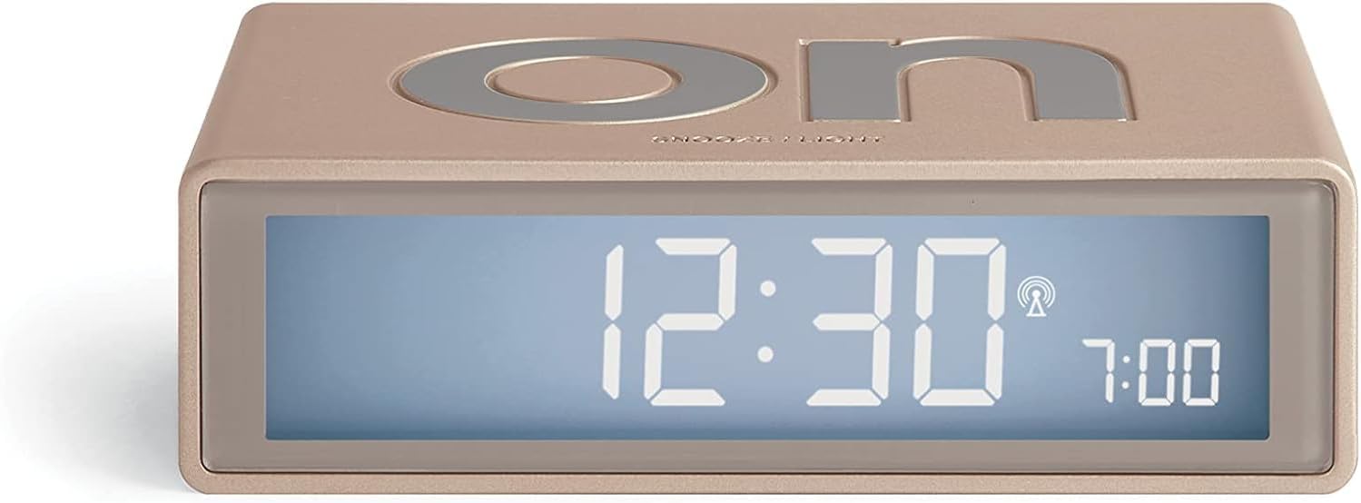 Lexon Flip+ Digital Alarm Clock for bedrooms, Reversible On/Off Faces with Snooze Function, LCD Display & Touch Sensor Light, Battery Operated, Rubber - Soft Gold