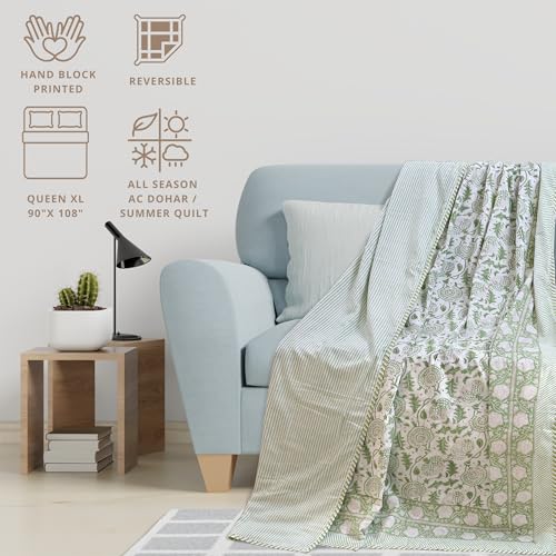 Image of TOAIArt Premium Jaipuri Dohar | AC Blanket Summer Quilt | Hand Block Printed | 3 Layers | Reversible | 150GSM 100% Mulmul Cotton | 100% Cotton Flannel Filling | Queen 90 inch X 108 inch |Green Kalamkari