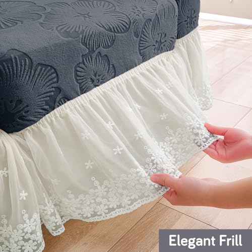 Image of HOKIPO 'Floravelle' 200 GSM Knitting Jacquard 1-Seater Sofa Cover with Elegant Frill - Fully Covered, Anchor Grey (AR-6029-DGRY)