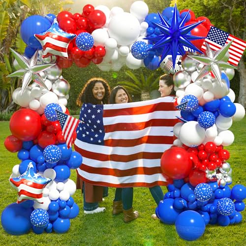Image of 147Pcs Red White and Blue Balloon Garland Arch Kit with Silver Blue Exploding Star Foil Balloons for 4th of July Independence Day Patriotic Nautical Memorial Veterans Day Theme Party Decoration