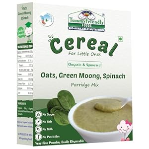 TummyFriendly Foods Certified Organic Oats, Sprouted Green Moong, Spinach Porridge Mix | Oats for Baby Food | Made of Sprouted Whole Green Moong, Oats and Baby Spinach | Organic Oats for baby 8 months | Organic Oats for baby 1 year | Rich in Protein and Iron | No Sugar, No Salt, No Milk, No Chemicals, No Pesticides & No GMO | Maximum Possible Nutrition From Real-Food | 9 Month Shelf Life | 200g