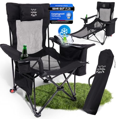 Faltbuddy® Campingstuhl faltbar & Liegestuhl klappbar 2in1 180Kg schwarz [XXL Kühltasche] Faltstuhl I Klappstuhl I Angelstuhl Campingliege Strandliege klappbar leicht - Angler Strand Festival Outdoor