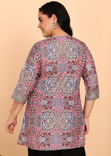 Image of Yash Gallery Women's Polyester Relaxed Fit Short Floral Placet 3 /4 Sleeve and Keyhole Neck Printed Kurti
