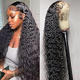 Caijuxing 34 Inch Water Wave Lace Front Wigs Human Hair 200 Density 13x6 HD Lace Front Wigs for Women Pre Plucked Glueless Deep Curly Human Hair Wig Natural Black (34 Inch)