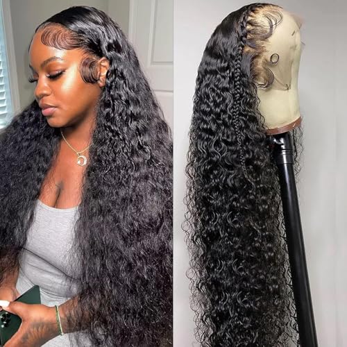 Caijuxing 34 Inch Water Wave Lace Front Wigs Human Hair 200 Density 13x6 HD Lace Front Wigs for Women Pre Plucked Wet and Wavy Human Hair Wig Glueless Deep Curly Frontal Wigs Human Hair Natural Black