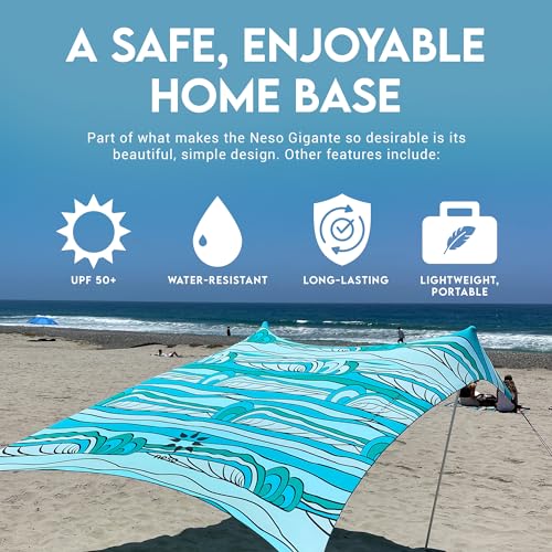 Image of Neso Gigante Portable Beach Tent Sun Shelter - Lightweight Beach Shade Canopy - Easy Setup for Family Outings - Patented Reinforced Corners - UPF 50+ Sun Protection - 8ft Tall, 11 x 11ft - Swells