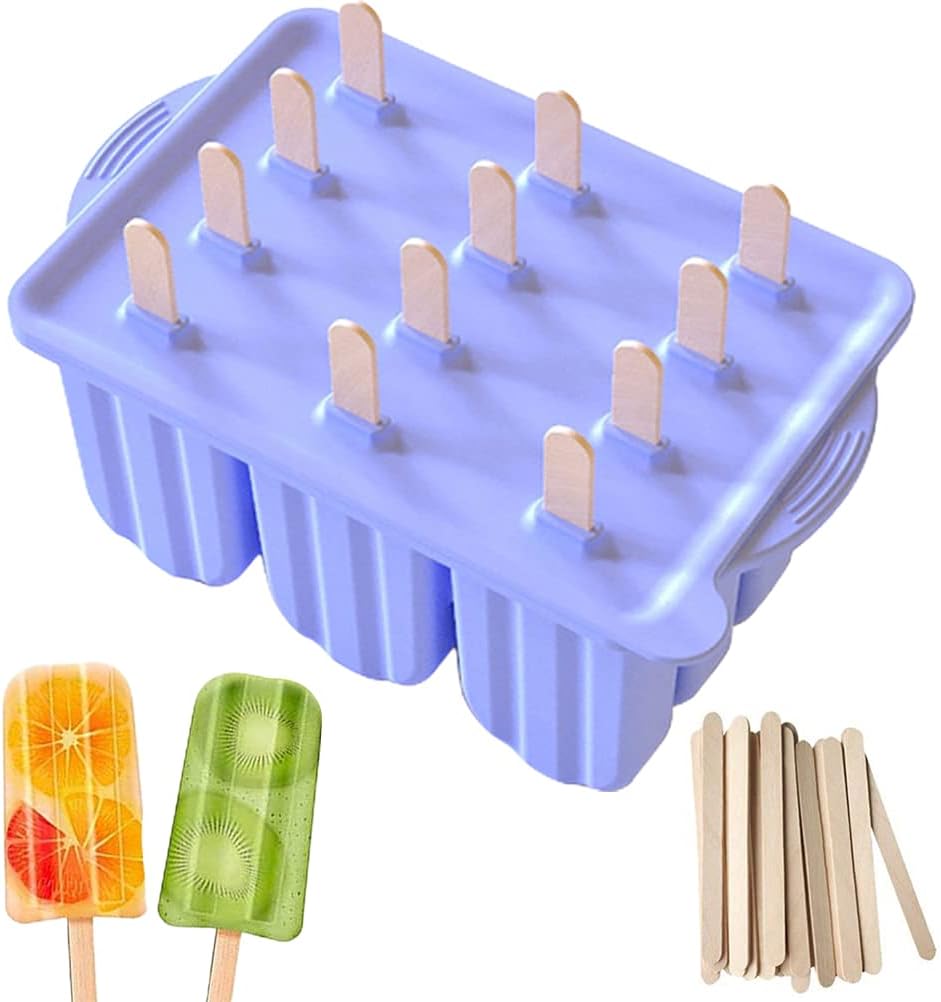 Bestcz 製氷皿 アイスポップモールド シリコーンアイスポップ Diyモールド 製氷ツール アイスキャンデー型 アイスポップメーカーア 冷凍トレイ 取出し簡単 耐冷耐熱 12個取 ブルー 50本の木棒付き Faz Co Zm