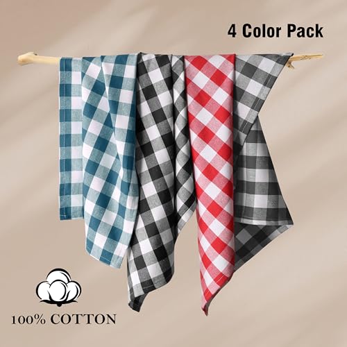Image of Gingham Buffalo Check Kitchen Towels, 4 Pack, 16x26 Inches, 100% Cotton - Super Absorbent, Quick Drying, Hand Towels for Drying Dishes, Dish Cleaning Towels with Hanging Loop, Multi