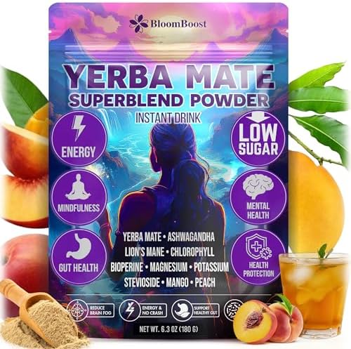 BloomBoost Yerba Mate Tea Powder w/Lion's Mane, Peach Mango, 18 Servings