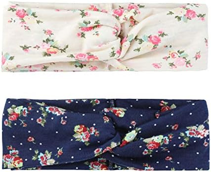 2 Pcs Headbands for Women Boho Floal Style Criss Cross Head Wrap Hair Band (Navy & Beige) …