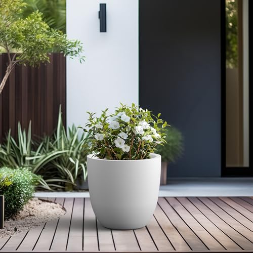 Image of Kante 18 Inch Dia Round Concrete Planter, Indoor Outdoor Large Plant Pot with Drainage Hole and Rubber Plug for Home Patio Garden, Pure White