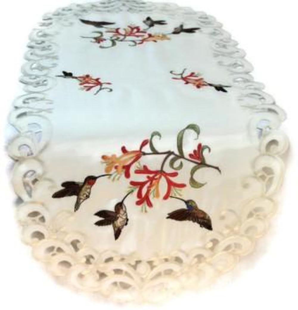 Doily Boutique Table Runner Embroidered with Hummingbirds on Ivory Material, Size 54 x15 inches