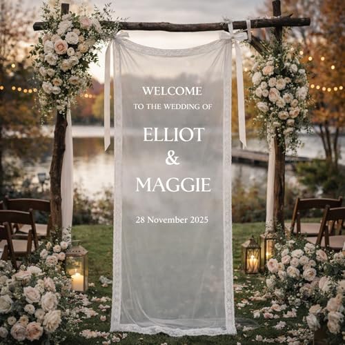 Personalized Wedding Welcome Sign Fabric Banner, Custom Sheer Tulle Ceremony