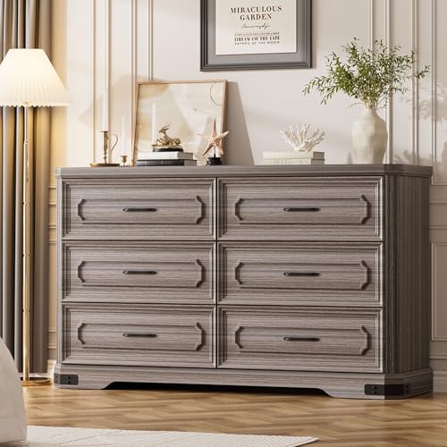6 Drawer Dresser, 52” Wide Mid Century Modern Dresser with 6 Drawers, Embossed Textures, Beveled Edges, Wood Dressers Chest of Drawers for Bedroom, Grey