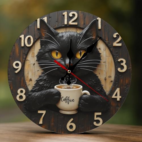 GVYGVY Horloges murales décoratives à piles - 25,4 cm - Impression 2D en bois noir - Motif chat café noir - Sans tic-tac - Horloge murale silencieuse pour...