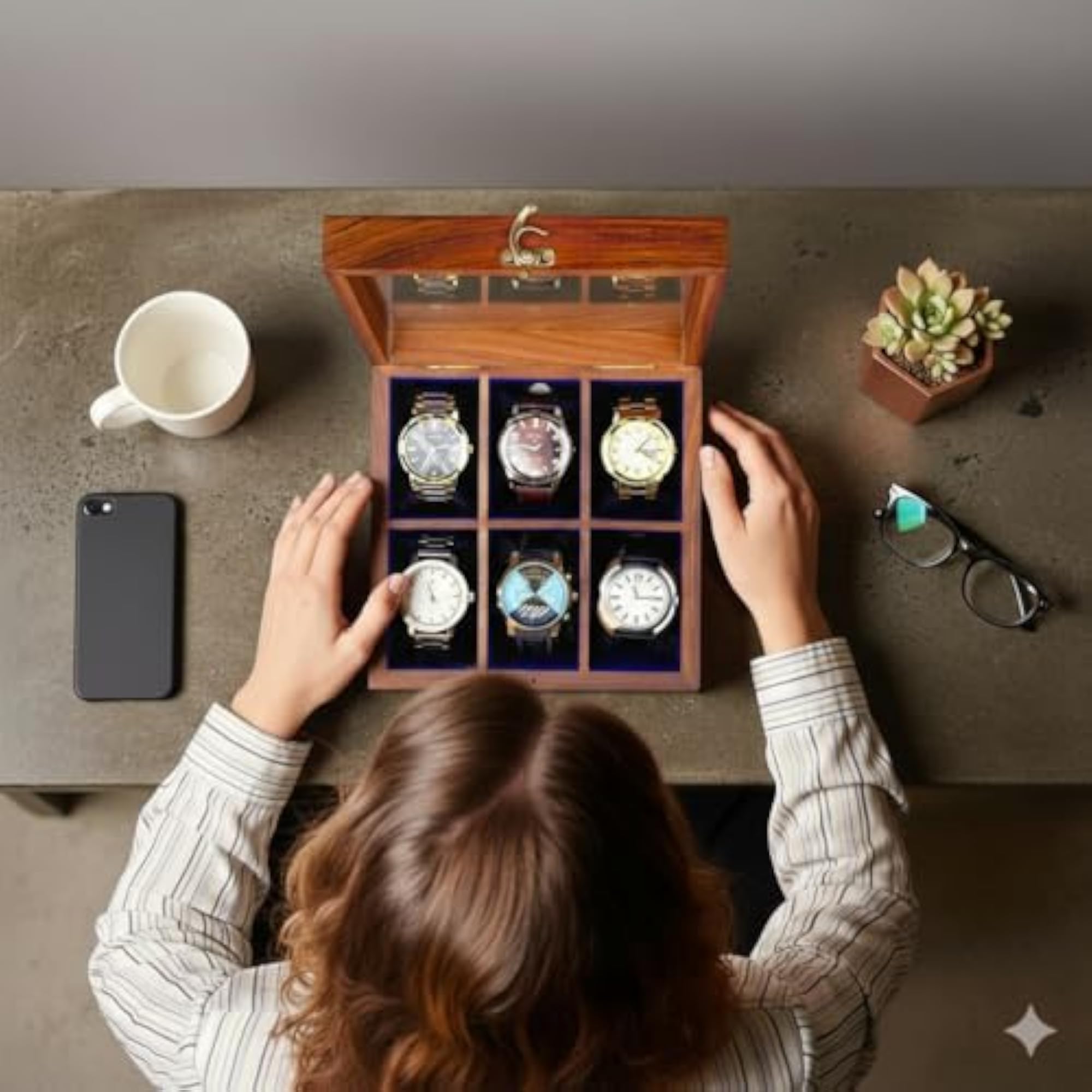 Rosewood Watch Box Organizer with Hinged Lid, 6 Compartments