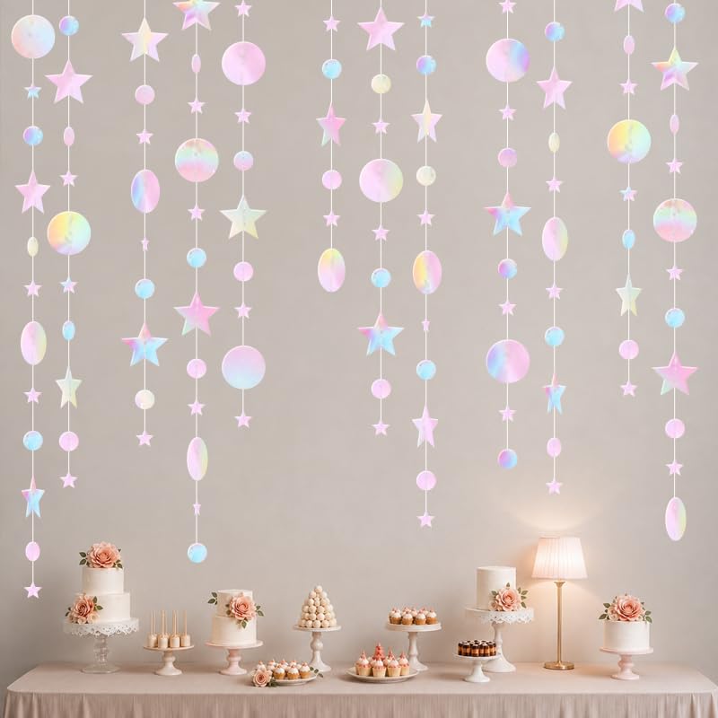 Image of Iridescent Pink Party Decoration Iridescent Pink Star Circle Dot Hanging Garland Streamer Decorations Glitter Star Bunting Banner Twinkle Backdrop for Wedding Baby Shower Birthday Christmas