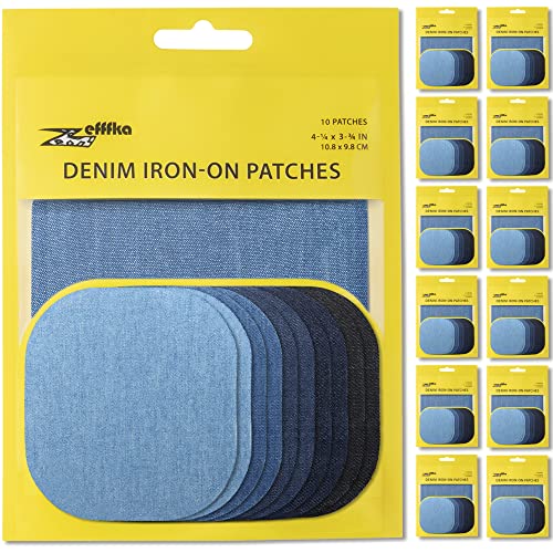 Zefffka 13 Packages Premium Quality Denim Iron-On Jean Patches Strongest Glue 100% Cotton Assorted Shades Of Blue Black Repair Decorating Kit 10 Pieces/Package Size 4-1/4" By 3-3/4" (9.8 Cm X 10.8 Cm) #TOP9