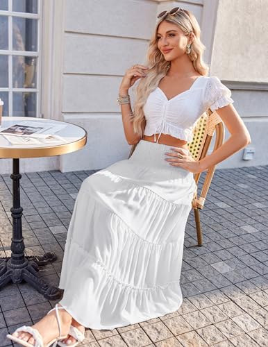 Zeagoo Women's Long Maxi Skirts Tiered Elastic High Waist Boho Double Layered Print A-Line Casual Midi Dress4