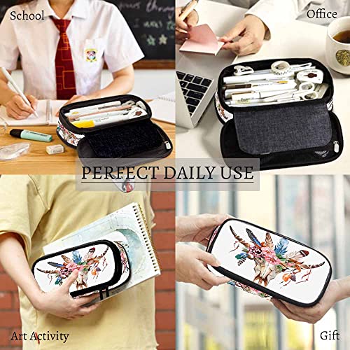 Image of Yekiua Bull's Head Pencil Case Watercolor Fashion Cow Skull Boho Peony Flowers Feathers Big Capacity Pencil Pouch Office College Makeup Bag Colorful