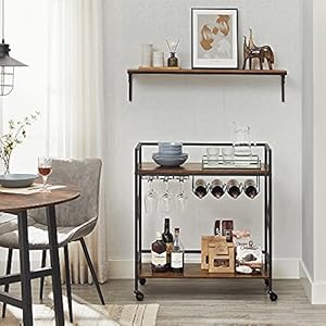 VASAGLE Bar Cart Serving Cart Mobile Kitchen Shelf with Glass Stemware Rack and Wine Bottle Holders Industrial Rustic Brown and Black ULRC088B01