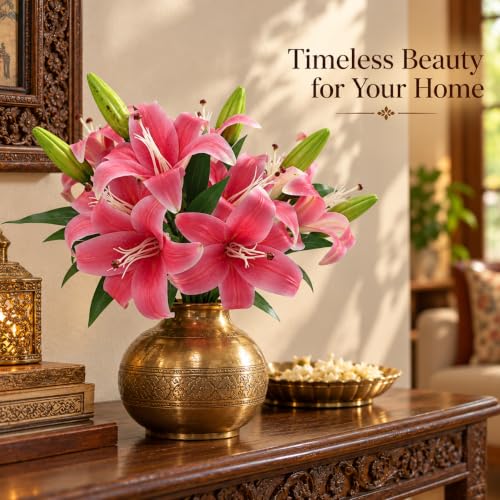 Image of CURATED CART 2 Pcs Lily Artificial Flowers Bunch for Home Decoration - Tiger Lilys Bouquet for Home Decor - Real Touch Faux Latex Short Stem - Includes 2 Lily Flowers and 1 Half Bloom Buds-Dark Pink