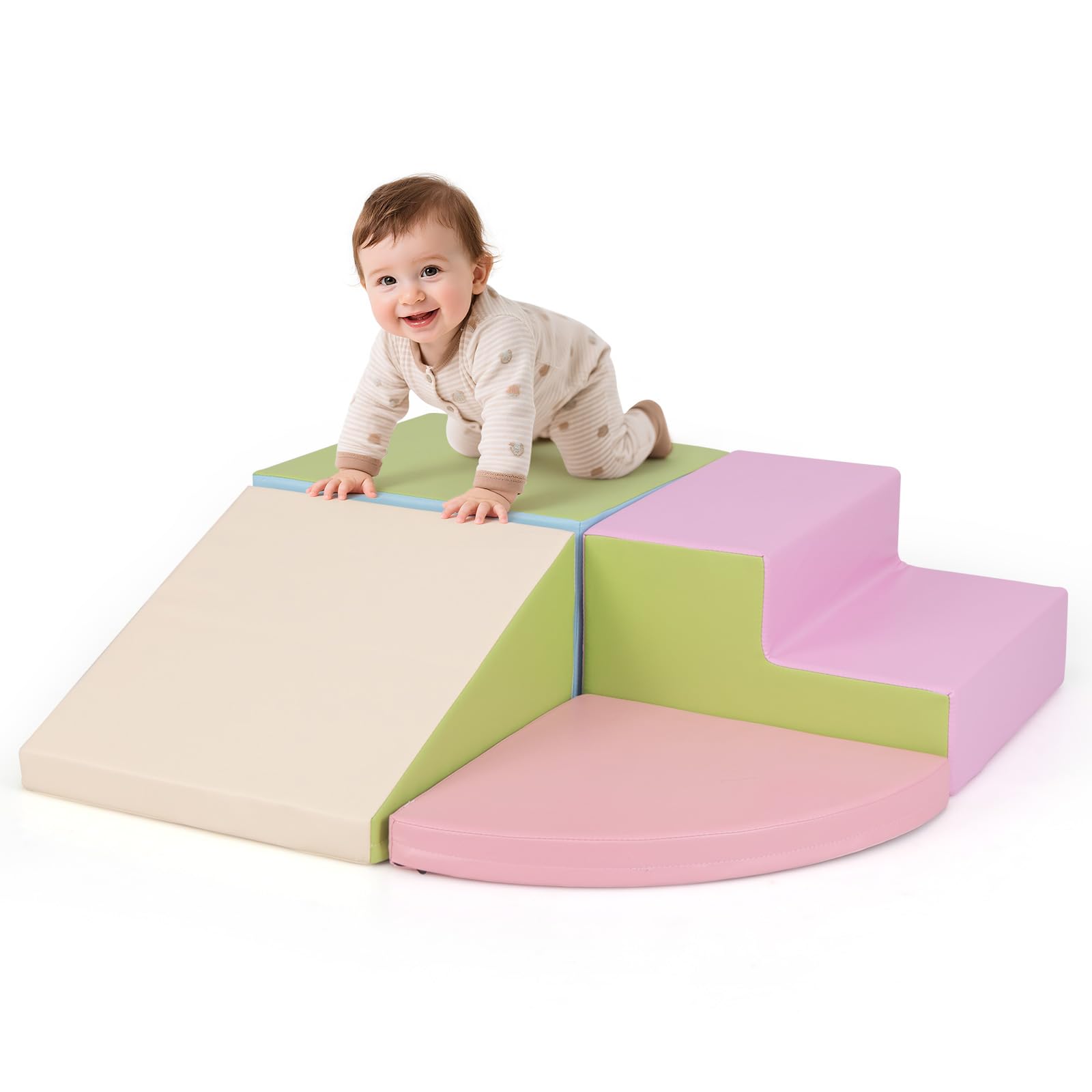 COSTWAY 4PCS Parcours Motricité Bébé en Mousse EPE avec Housse en PU, Module Motricité Bébé avec Toboggan & Différentes Formes, Jouets Éducatifs Colorée pour Ramper pour Enfants d'Âge Préscolaire