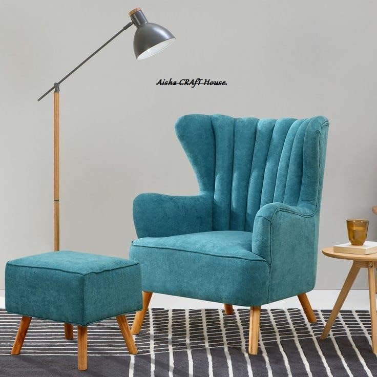 Image of House Solid Wood Wing Chair for Living Room, Arm with Ottoman /Footrest for Bedroom, Velvet Accent Chair with Pouffes, High Back Occasional Tub Chairs with Foot Stool (Blue)