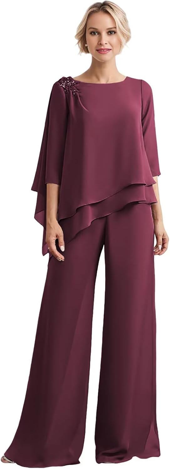 3/4 Sleeves Mother of The Bride Pant Suits for Wedding Lace Appliques Chiffon Long Formal Outfit Sets