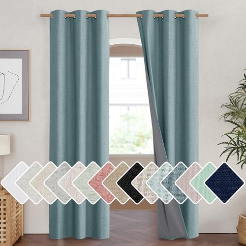 NICETOWN 100% Absolutely Blackout Linen Curtains with Thermal Insulated White Liner, Skylark Blue, 42 inches Wide, 84 inches Length Energy Saving Curt