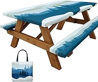 Vista 12 de RNOONY Mantel de vinilo ajustable para mesa de picnic con fundas de banco y bolsa, mantel de picnic impermeable para exteriores de 6 pies con bordes