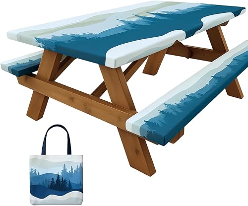 RNOONY Funda de mesa de picnic de poliéster de 8 pies con fundas de banco, resistente al viento y al agua, perfecta para regalos de campamento y