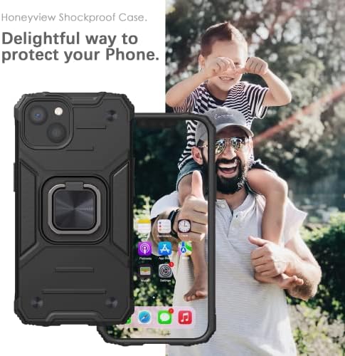 Honeyview Shockproof Case for iPhone 13/14 with Ring Kickstand, Bumper 3 in 1 Bumper Armour Phone Cover for Apple iPhone 13 iPhone 14 5G - Black