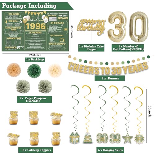 Image of Crenics Green and Gold 1966 30th Birthday Decorations for Him Her | Back in 1996 Backdrop, Banner, Paper Pom Poms, Hanging Swirls, Cake Topper and Balloons for 30 Birthday Party Supplies