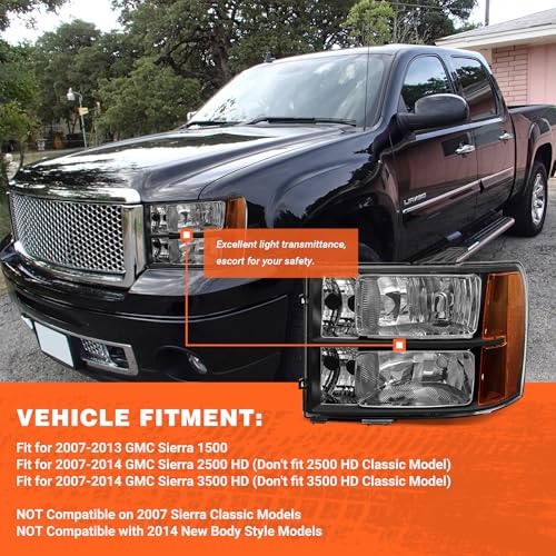 Image of Headlights Assembly for 2007 2008 2009 2010 2011 2012 2013 2014 Sierra / 07-13 GMC Sierra 1500 /07-14 GMC Sierra 2500HD 3500HD Black Housing Amber Reflector Replacement LH+RH