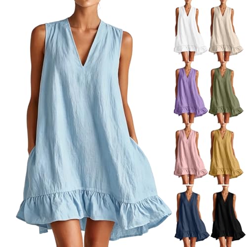 Robe en lin premium sans manches coupe trapèze et finitions volants délicates