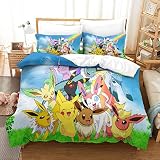 Pokemon Housse Couette Parure De Couettes Microfibre, Parure De Couette Ado Impression Numérique 3D,Parure De Lit pour Enfants avec Taie d'oreiller Single（135x200cm）