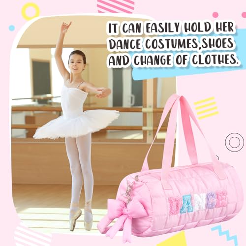 Image of 12.8 Inches Quilted Puffer Ballet Dance Bag Cute Tote Bag with Hanging Bow Pendant for Travel Dancing Dress