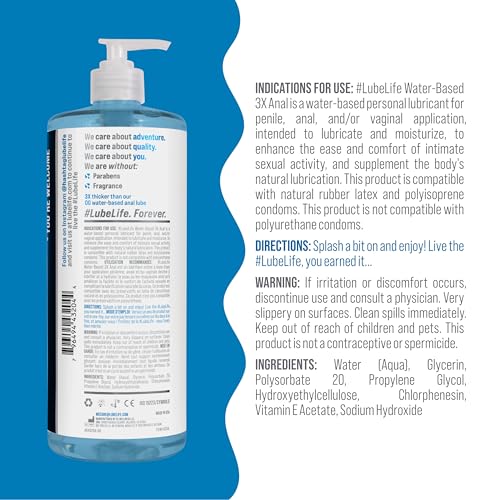 Image of LUBELIFE 3X Anal Lubricant, Thicker Water-Based lube for Men, Women and Couples, Extra Protection, Non-Sticky, Smooth Glide, 32 Fl Oz