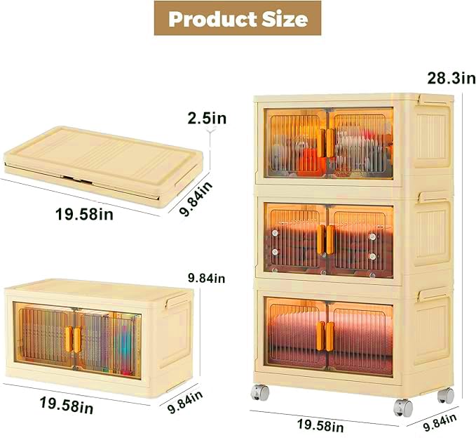 Image of Tarkan DIY Stackable Storage Cabinet with Wheels, 50x25x72 cm, 3-Tier Magnetic Door Organiser, Transparent Panels, Cream