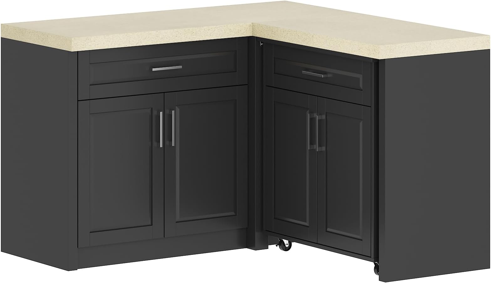 L-Shape Kitchen Pantry Cabinet with Wheels and Drawers, Corner Pantry Storage Cabinet with Doors, Hidden Cart, Cupboard with Beige Countertop Marble Grain, Black, 51.1โW x 50.9โD x 33.5โH