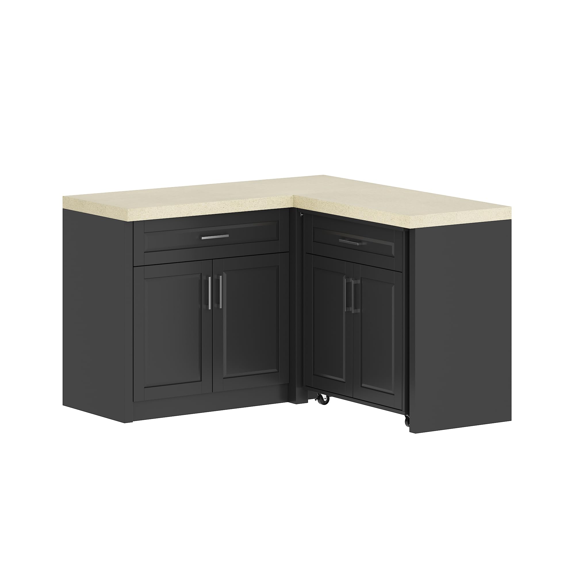 L-Shape Kitchen Pantry Cabinet with Wheels and Drawers, Corner Pantry Storage Cabinet with Doors, Hidden Cart, Cupboard with Beige Countertop Marble Grain, Black, 51.1”W x 50.9”D x 33.5”H