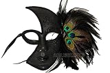 Venetian Style Half Face Feather on Side Cool Design Deco or Wear Black Lips Mask