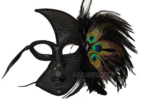 Venetian Style Half Face Feather on Side Cool Design Deco or Wear Black Lips Mask