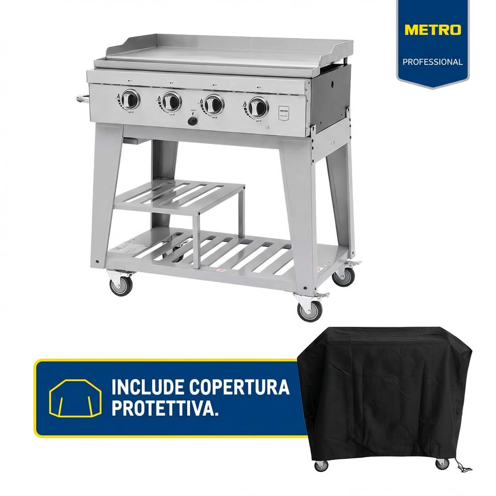 METRO PROFESSIONAL Barbecue a Gas con 4 Bruciatori e Piastra, 85x50 cm, Acciaio Inox, con Ruote e Telo di Copertura, Argento, 14.8 kW