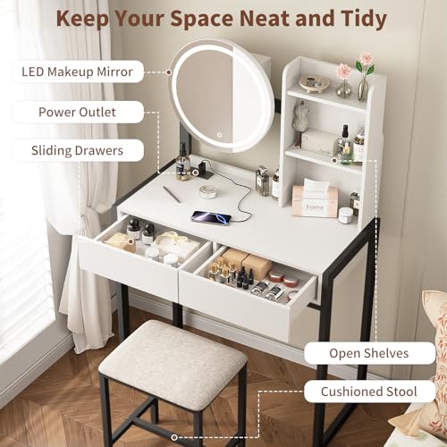 Image of Small Vanity Desk with Mirror and Lights, Makeup Vanity Table with LED Mirror, 3 Lighting Modes, Power Outlet, Drawer, Open Shelves and Cushioned Stool for Bedroom (Black)